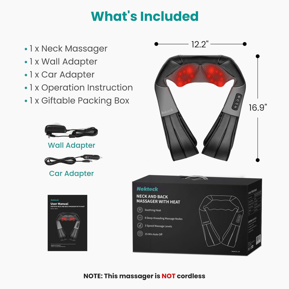 Nekteck Shiatsu Neck Massager with Heat for Pain Relief Deep Tissue, 2026 Upgraded 3D Back Shoulder Kneading Massage Pillow, Body Muscle Relaxation Tool Gifts for Him Her Mom Dad, Gray (NOT Cordless)